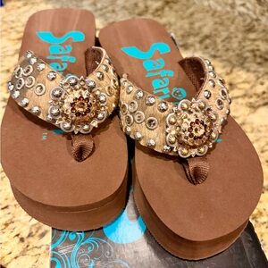 Vintage Safari Girl Rhinestone & Hide Embellished platform Flip Flops